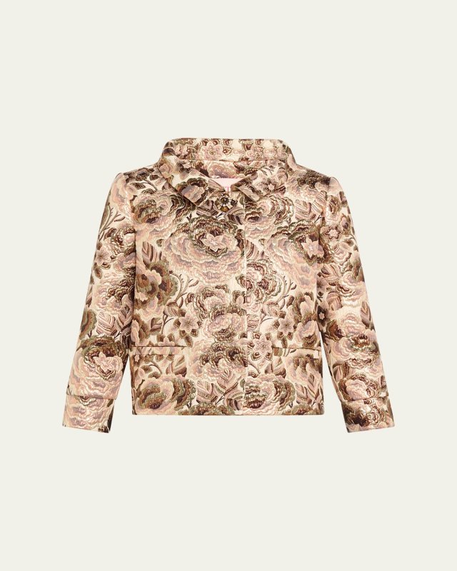 Floral Brocade Three-Quarter Sleeve Wool Jacket